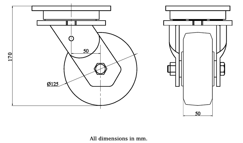 1500 series 125mm swivel top plate 135x110mm castor with  black elastic rubber on nylon centre ball bearing wheel 320kg - Castor drawing