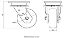 1500 series 125mm swivel top plate 135x110mm castor with  black elastic rubber on nylon centre ball bearing wheel 320kg - Castor drawing
