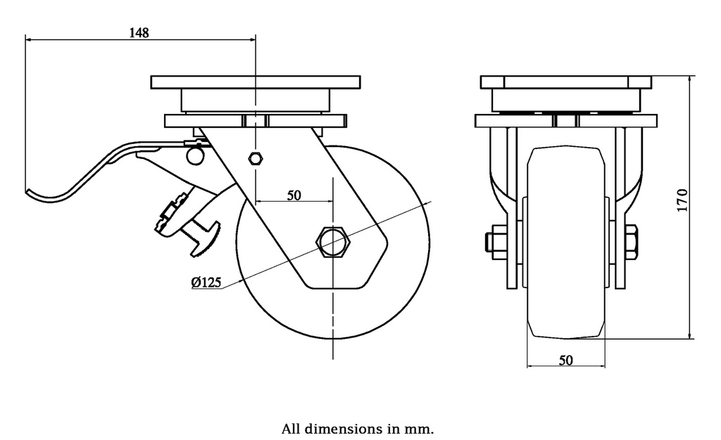 1500 series 125mm swivel/brake top plate 135x110mm castor with black elastic rubber on nylon centre ball bearing wheel 320kg - Castor drawing