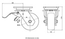 1500 series 125mm swivel/brake top plate 135x110mm castor with black elastic rubber on nylon centre ball bearing wheel 320kg - Castor drawing