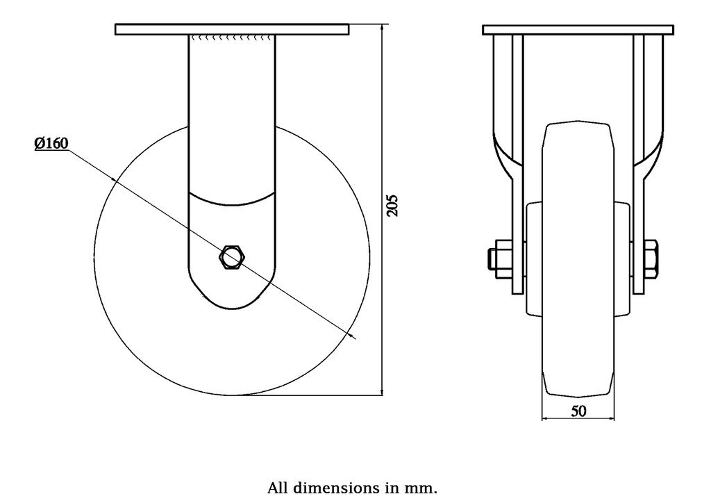 1500 series 160mm fixed top plate 135x110mm castor with black elastic rubber on welded steel centre ball bearing wheel 450kg - Fixed Castor