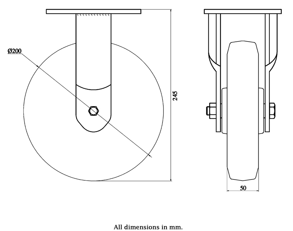 1500 series 200mm fixed top plate 135x110mm castor with black elastic rubber on welded steel centre ball bearing wheel 600kg - Castor drawing