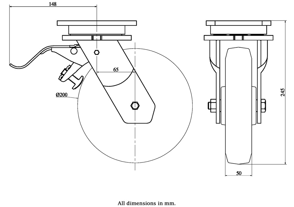 1500 series 200mm swivel/brake top plate 135x110mm castor with black elastic rubber on welded steel centre ball bearing wheel 600kg