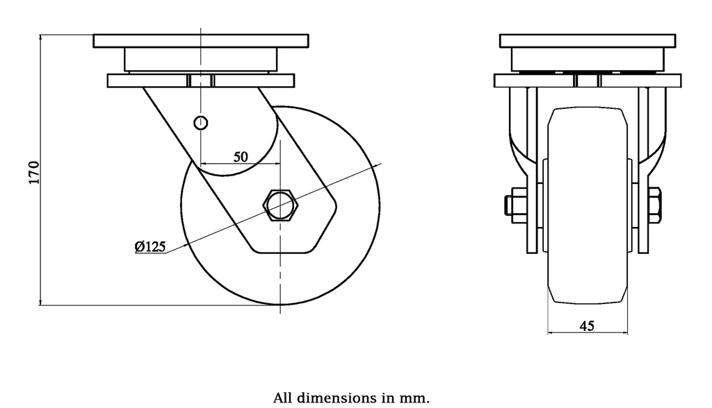 1500 series 125mm swivel top plate 135x110mm castor with  polyurethane on nylon centre ball bearing wheel 500kg - Castor drawing