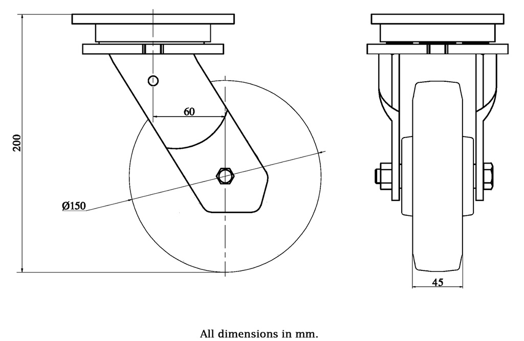 1500 series 150mm swivel top plate 135x110mm castor with polyurethane on nylon centre ball bearing wheel 600kg - Castor drawing