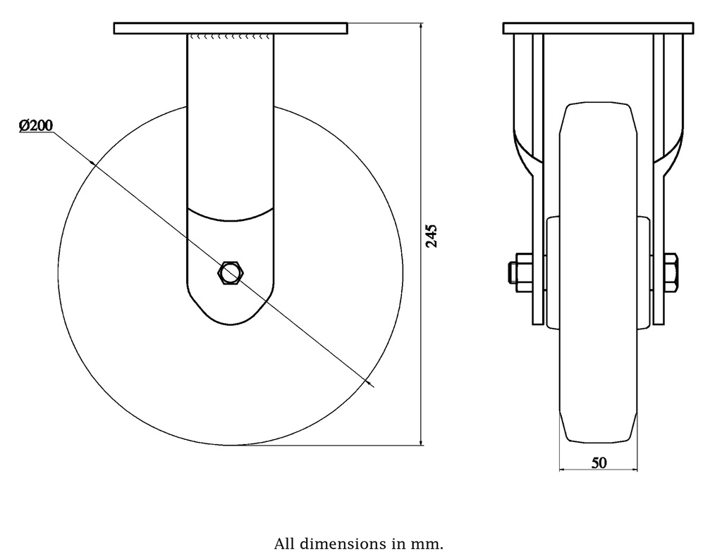 1500 series 200mm fixed top plate 135x110mm castor with polyurethane on nylon centre ball bearing wheel 750kg - Fixed Castor