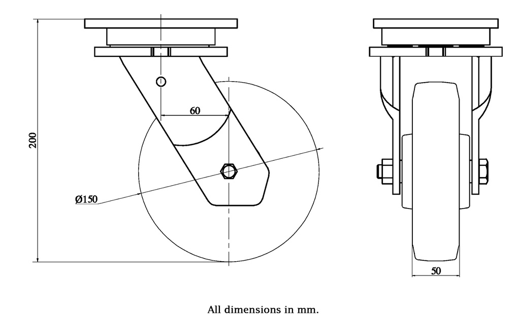 1500 series 150mm swivel top plate 135x110mm castor with polyurethane on cast iron centre ball bearing wheel 800kg - Swivel Castor