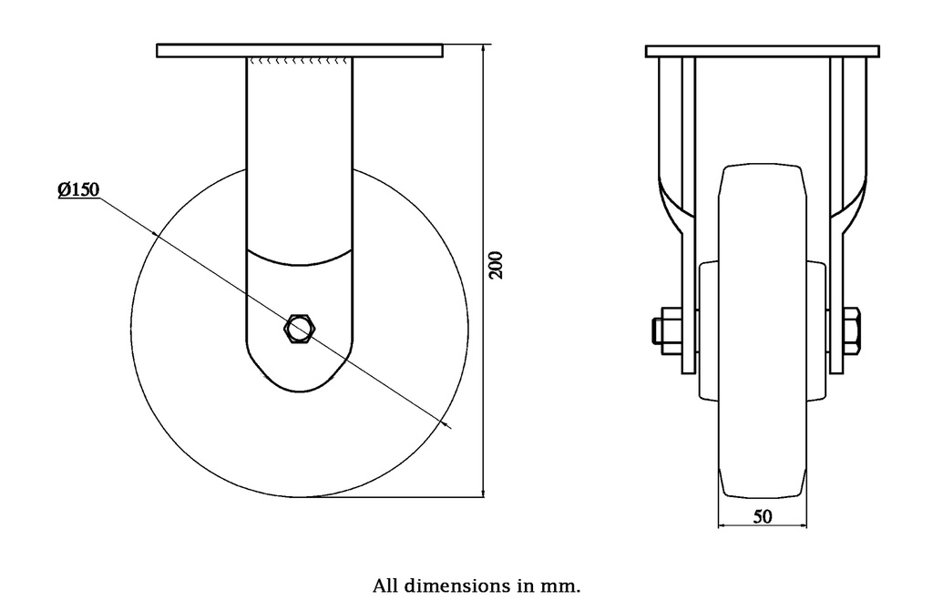 1500 series 150mm fixed top plate 135x110mm castor with polyurethane on cast iron centre ball bearing wheel 800kg - Castor drawing