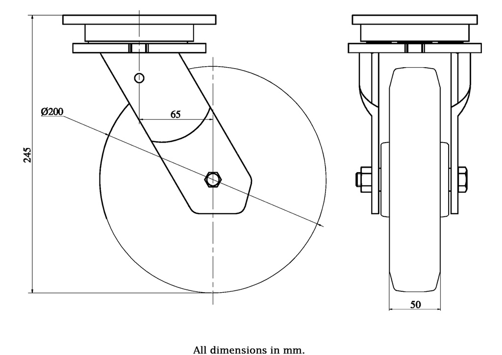1500 series 200mm swivel top plate 135x110mm castor with polyurethane on cast iron centre ball bearing wheel 1000kg - Castor drawing