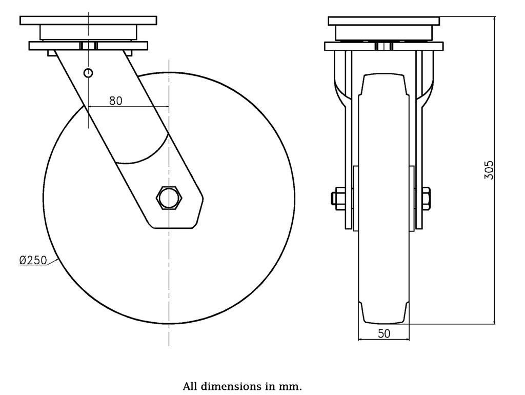 1500 series 250mm swivel top plate 135x110mm castor with polyurethane on cast iron centre ball bearing wheel 1300kg - Castor drawing