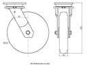 1500 series 250mm swivel top plate 135x110mm castor with polyurethane on cast iron centre ball bearing wheel 1300kg - Castor drawing