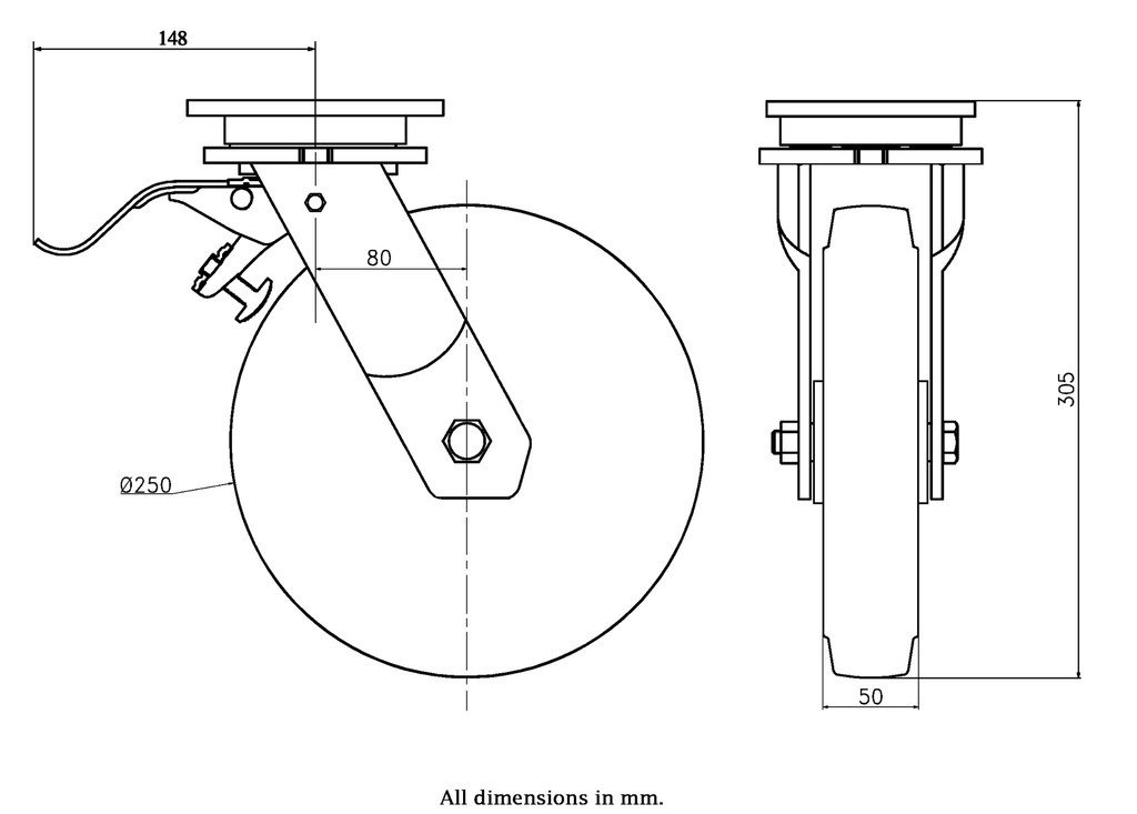 1500 series 250mm swivel/brake top plate 135x110mm castor with polyurethane on cast iron centre ball bearing wheel 1300kg - Castor drawing