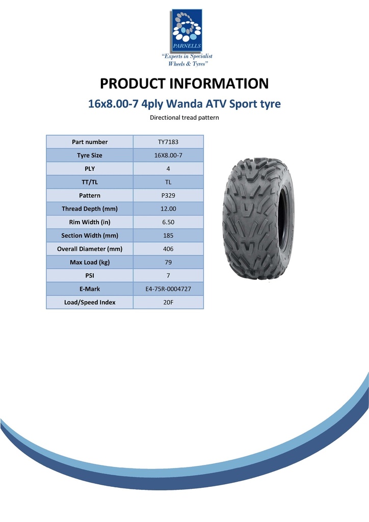 16x8.00-7 4pr Wanda P329 ATV tyre Spec Sheet