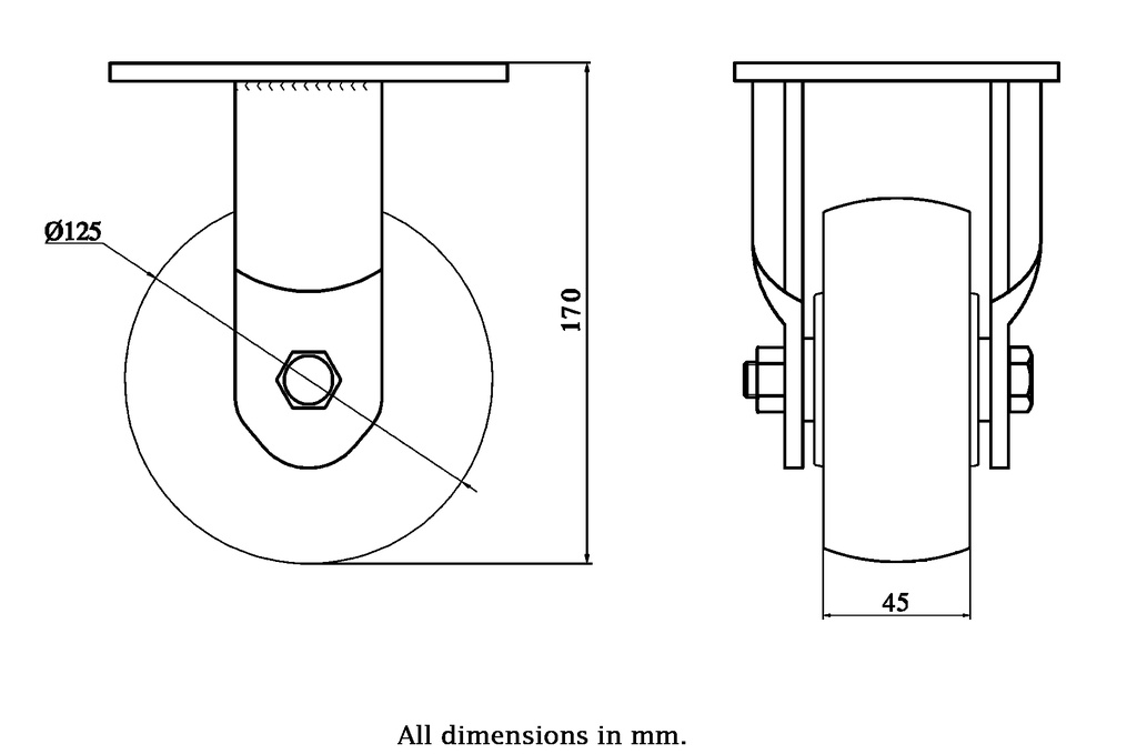 1500 series 125mm fixed top plate 135x110mm castor with nylon ball bearing wheel 650kg - Castor drawing