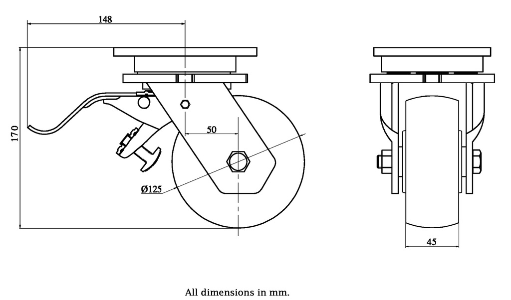 1500 series 125mm swivel/brake top plate 135x110mm castor with nylon ball bearing wheel 650kg - Castor drawing