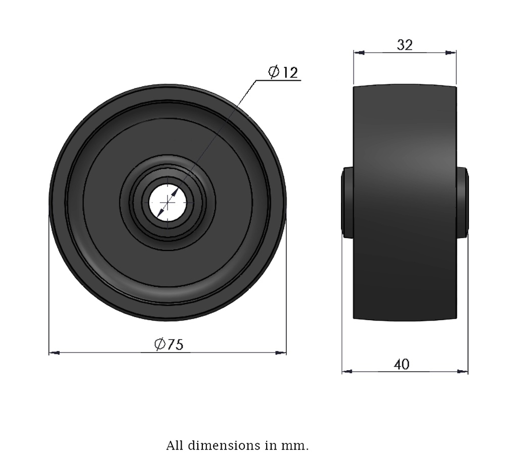 Wheel series 75mm cast iron 12mm bore hub length 40mm plain bearing 170kg - Wheel dimensions