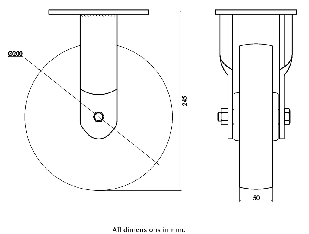 1500 series 200mm fixed top plate 135x110mm castor with nylon ball bearing wheel 1100kg - Castor drawing