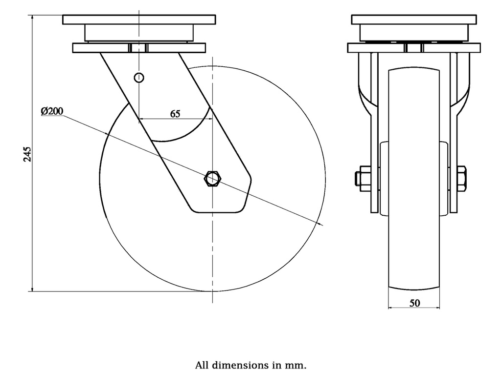 1500 series 200mm swivel top plate 135x110mm castor with nylon ball bearing wheel 1500kg - Castor drawing