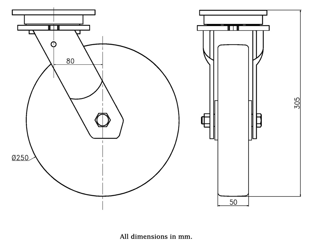 1500 series 250mm swivel top plate 135x110mm castor with nylon ball bearing wheel 1500kg - Castor drawing