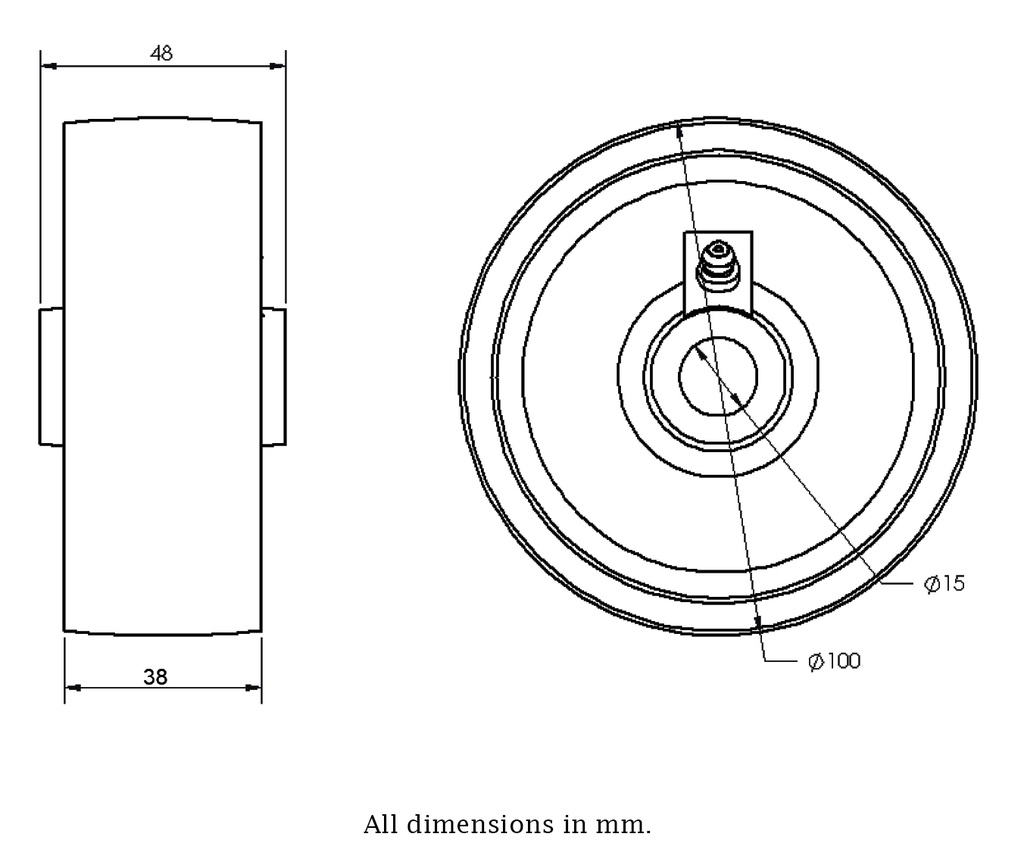 Wheel series 100mm cast iron 15mm bore hub length 48mm plain bearing 450kg - Wheel dimensions