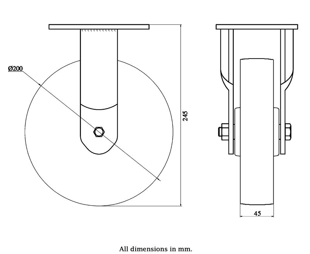 1500 series 200mm fixed top plate 135x110mm castor with cast iron roller bearing wheel 1150kg - Castor drawing
