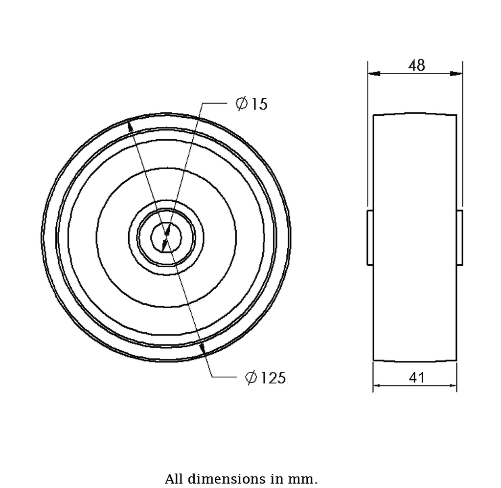 Wheel series 125mm cast iron 15mm bore hub length 48mm plain bearing 630kg - Wheel dimensions
