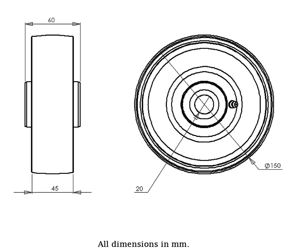Wheel series 150mm cast iron 20mm bore hub length 60mm roller bearing 1000kg - Wheel dimensions