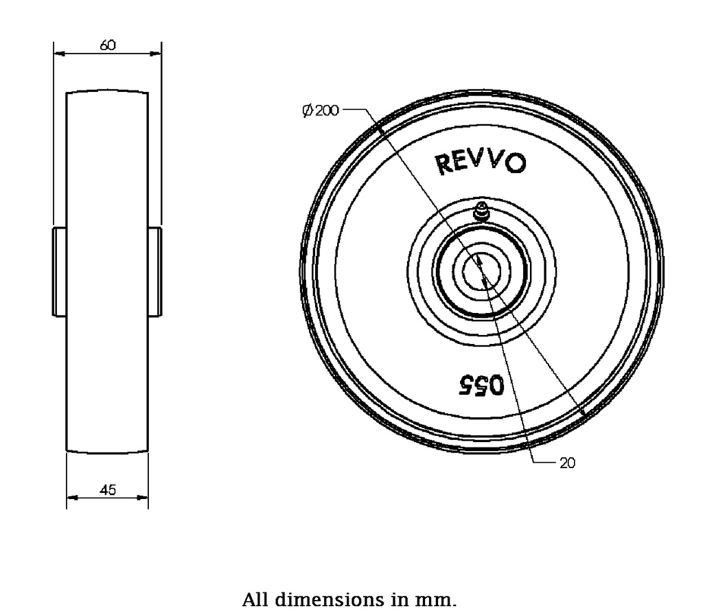 Wheel series 200mm cast iron 20mm bore hub length 60mm roller bearing 1150kg - Wheel dimensions