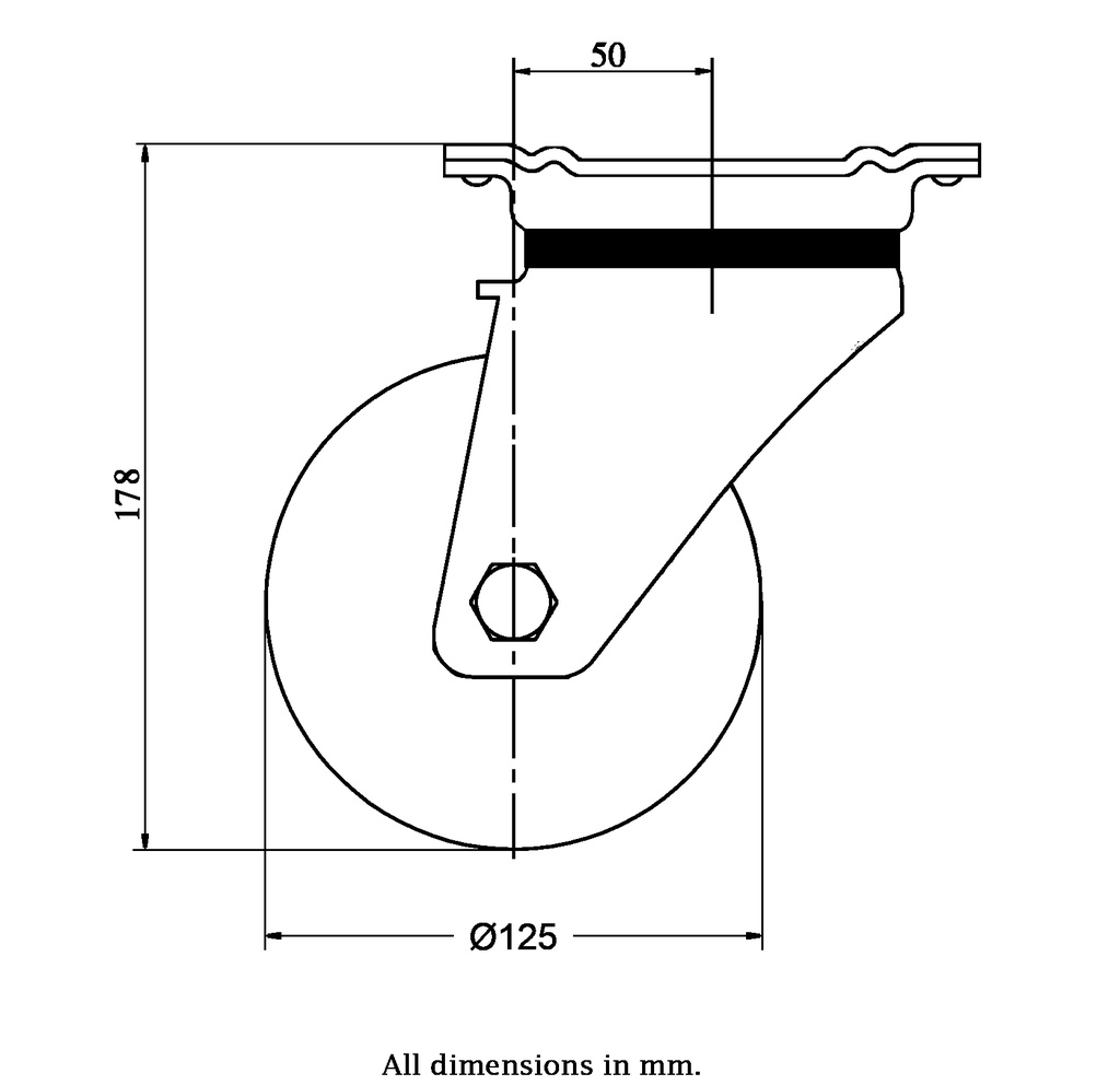 800 series 125mm swivel top plate 135x110mm castor with black elastic rubber on nylon centre ball bearing wheel 320kg - Castor dimensions