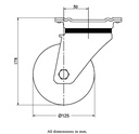 800 series 125mm swivel top plate 135x110mm castor with black elastic rubber on nylon centre ball bearing wheel 320kg - Castor dimensions