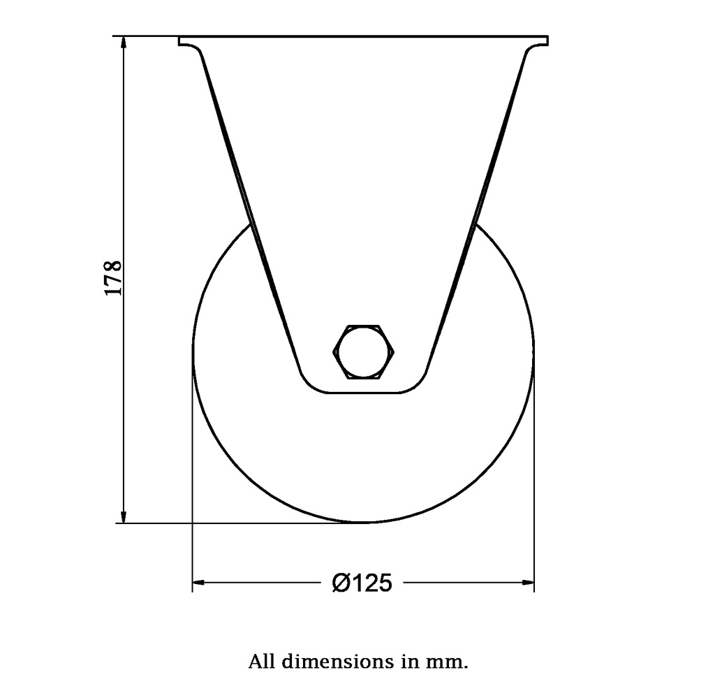 800 series 125mm fixed top plate 135x114mm castor with black elastic rubber on nylon centre ball bearing wheel 320kg - Castor dimensions