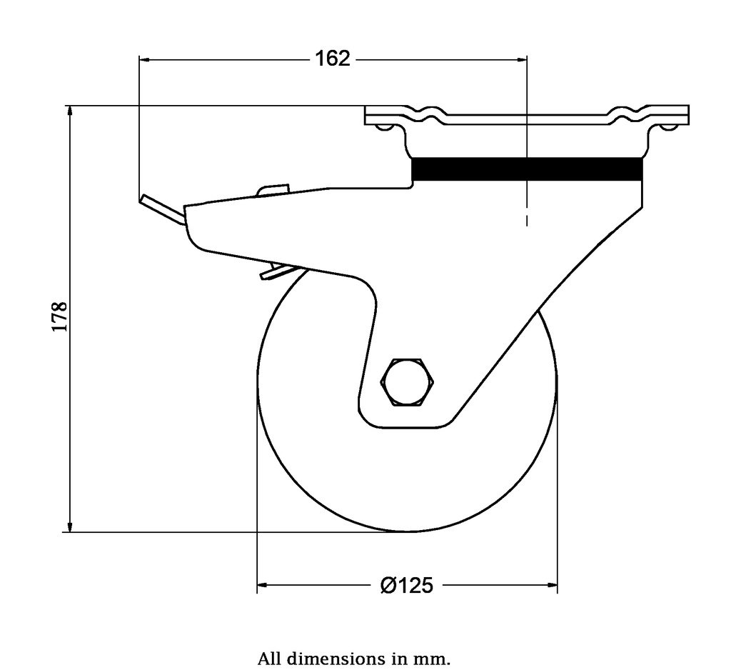 800 series 125mm swivel/brake top plate 135x110mm castor with black elastic rubber on nylon centre ball bearing wheel 320kg - Castor dimensions