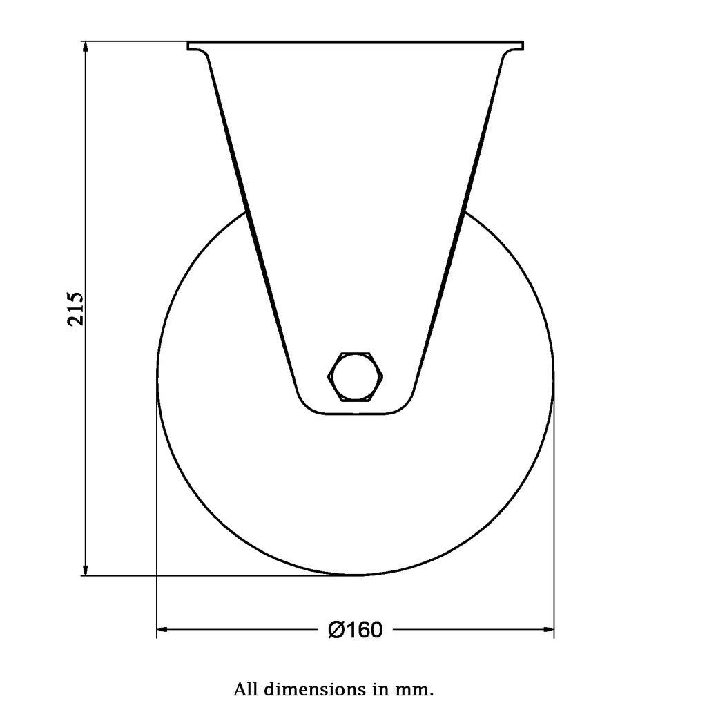 800 series 160mm fixed top plate 135x114mm castor with black elastic rubber on welded steel centre ball bearing wheel 450kg - Castor dimensions
