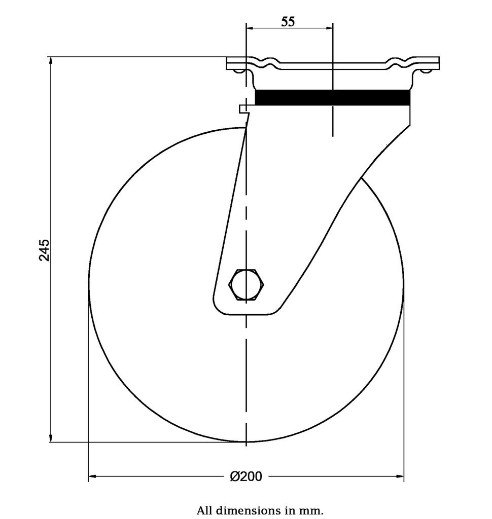 800 series 200mm swivel top plate 135x110mm castor with black elastic rubber on welded steel centre ball bearing wheel 600kg - Castor dimensions