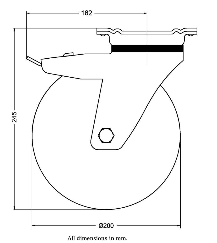 800 series 200mm swivel/brake top plate 135x110mm castor with black elastic rubber on welded steel centre ball bearing wheel 600kg - Castor dimensions