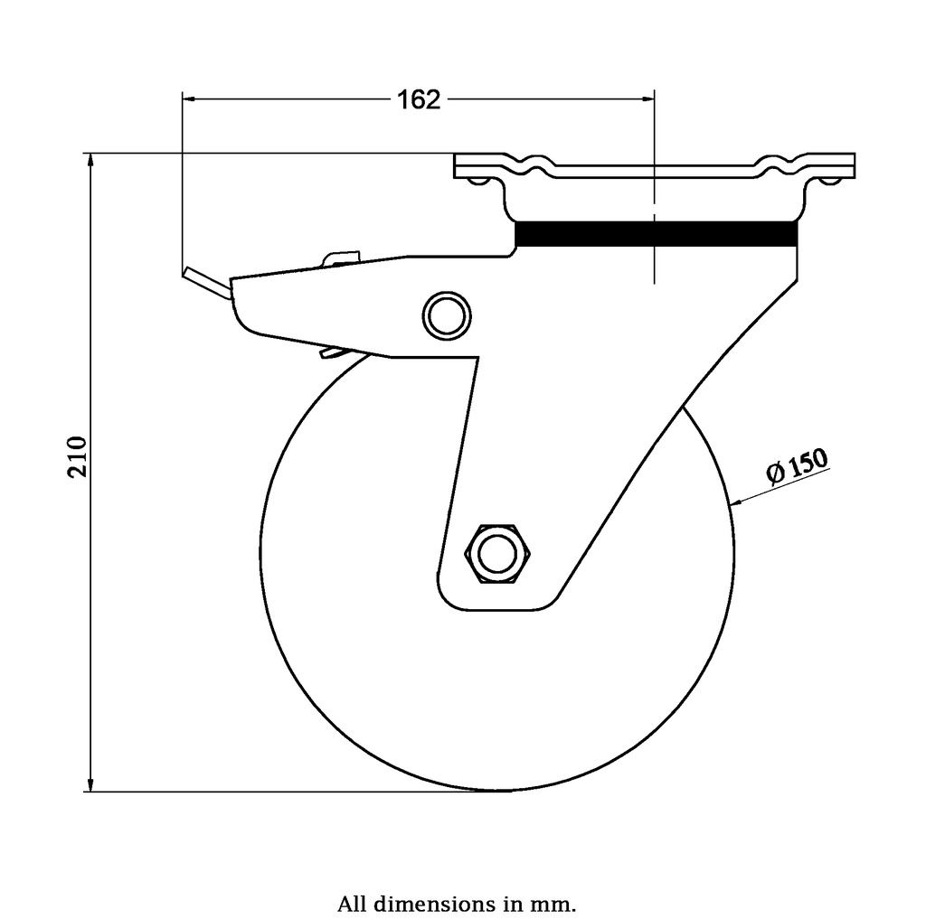800 series 150mm swivel/brake top plate 135x110mm castor with polyurethane on nylon centre ball bearing wheel 600kg - Castor drawing