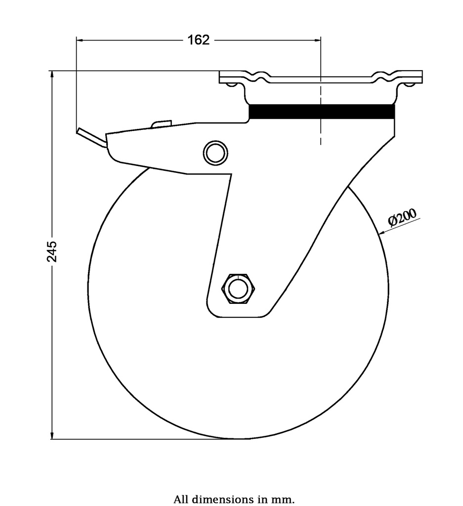 800 series 200mm swivel/brake top plate 135x110mm castor with polyurethane on nylon centre ball bearing wheel 750kg - Castor drawing