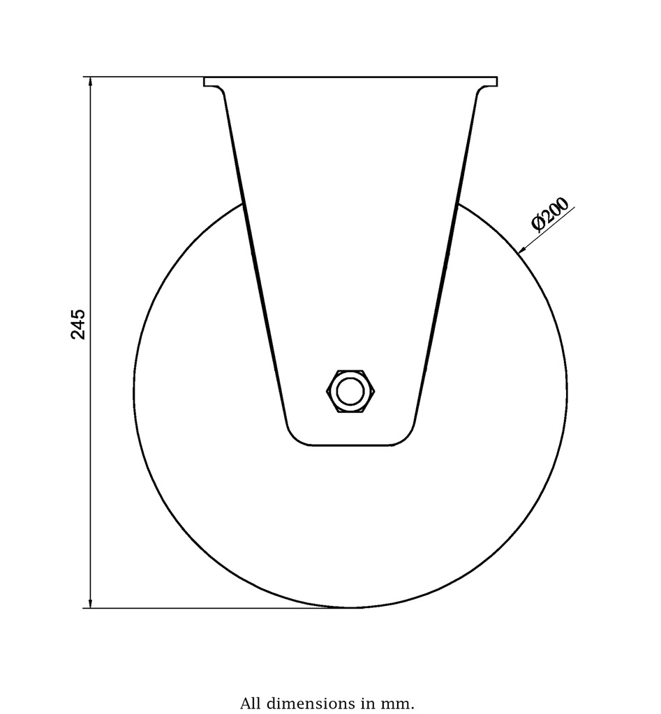 800 series 200mm fixed top plate 135x114mm castor with green convex elastic polyurethane on cast iron centre ball bearing wheel 700kg - Castor drawing