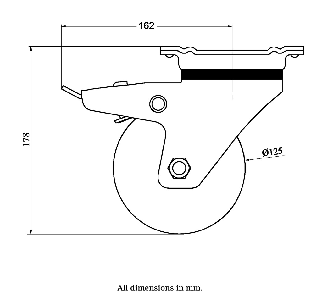 800 series 125mm swivel/brake top plate 135x110mm castor with nylon ball bearing wheel 650kg - Castor drawing