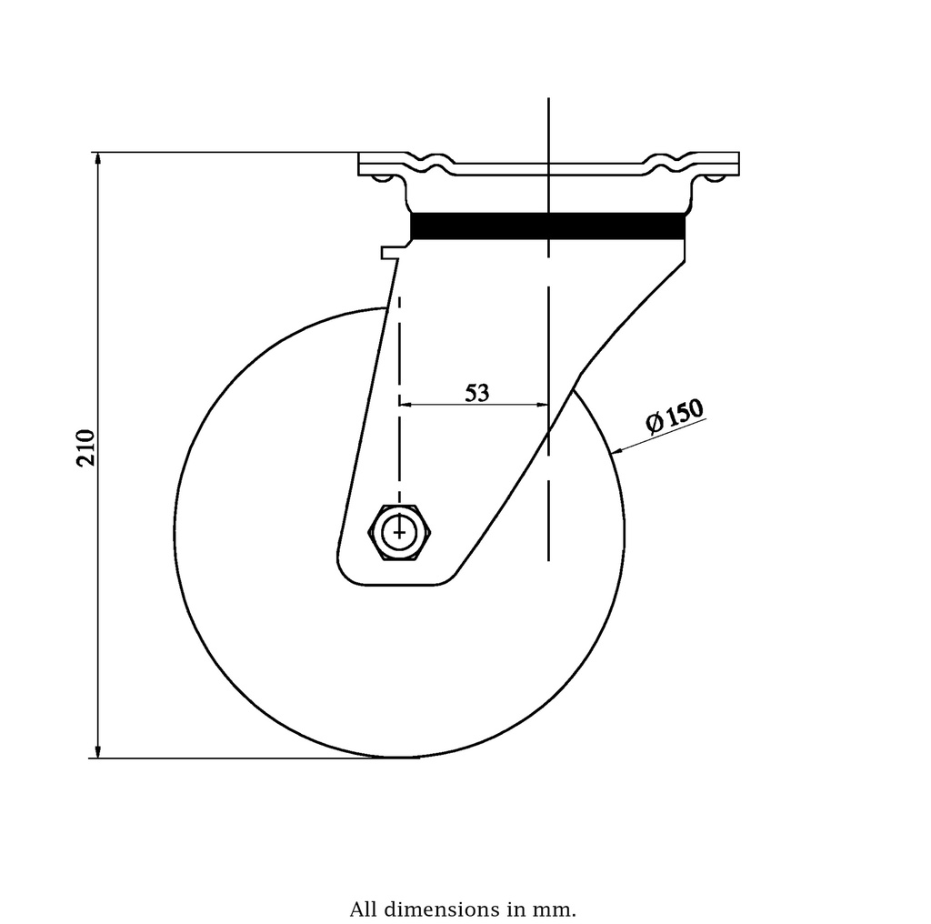 800 series 150mm swivel top plate 135x110mm castor with nylon plain bearing wheel 800kg - Castor drawing