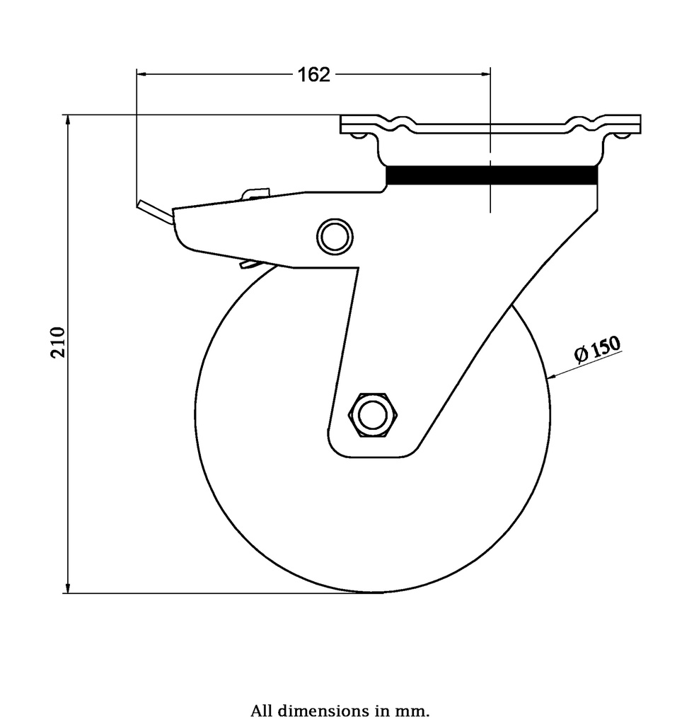 800 series 150mm swivel/brake top plate 135x110mm castor with nylon plain bearing wheel 800kg - Castor drawing