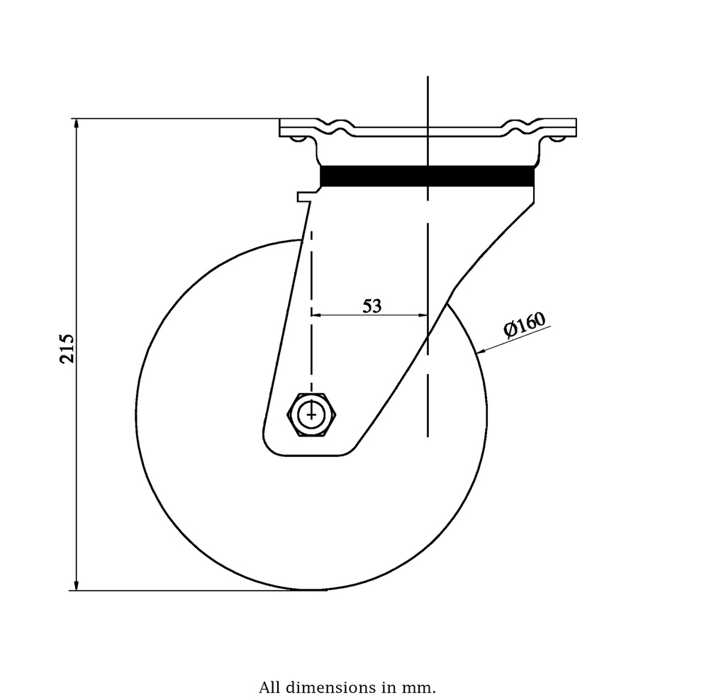 800 series 160mm swivel top plate 135x110mm castor with electrically conductive grey polyurethane on nylon centre ball bearing wheel 550kg - Castor drawing