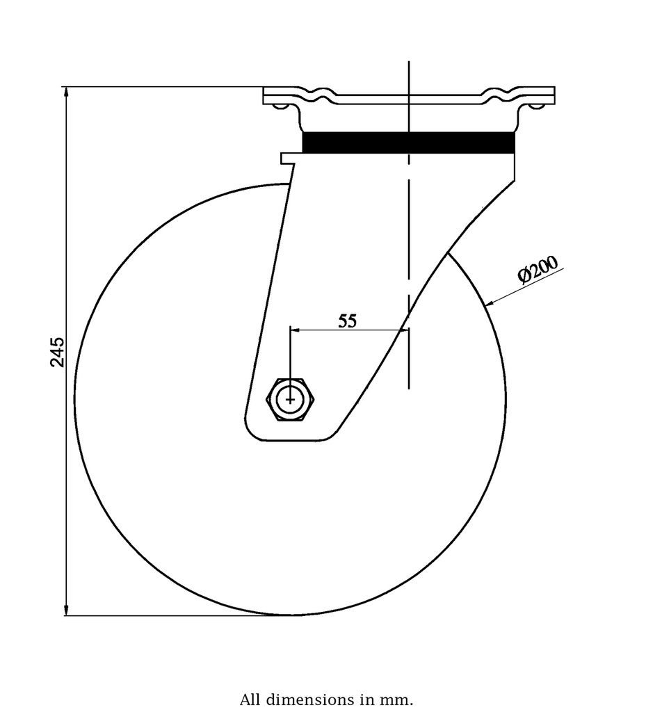 800 series 200mm swivel top plate 135x110mm castor with electrically conductive grey polyurethane on nylon centre ball bearing wheel 520kg - Castor drawing