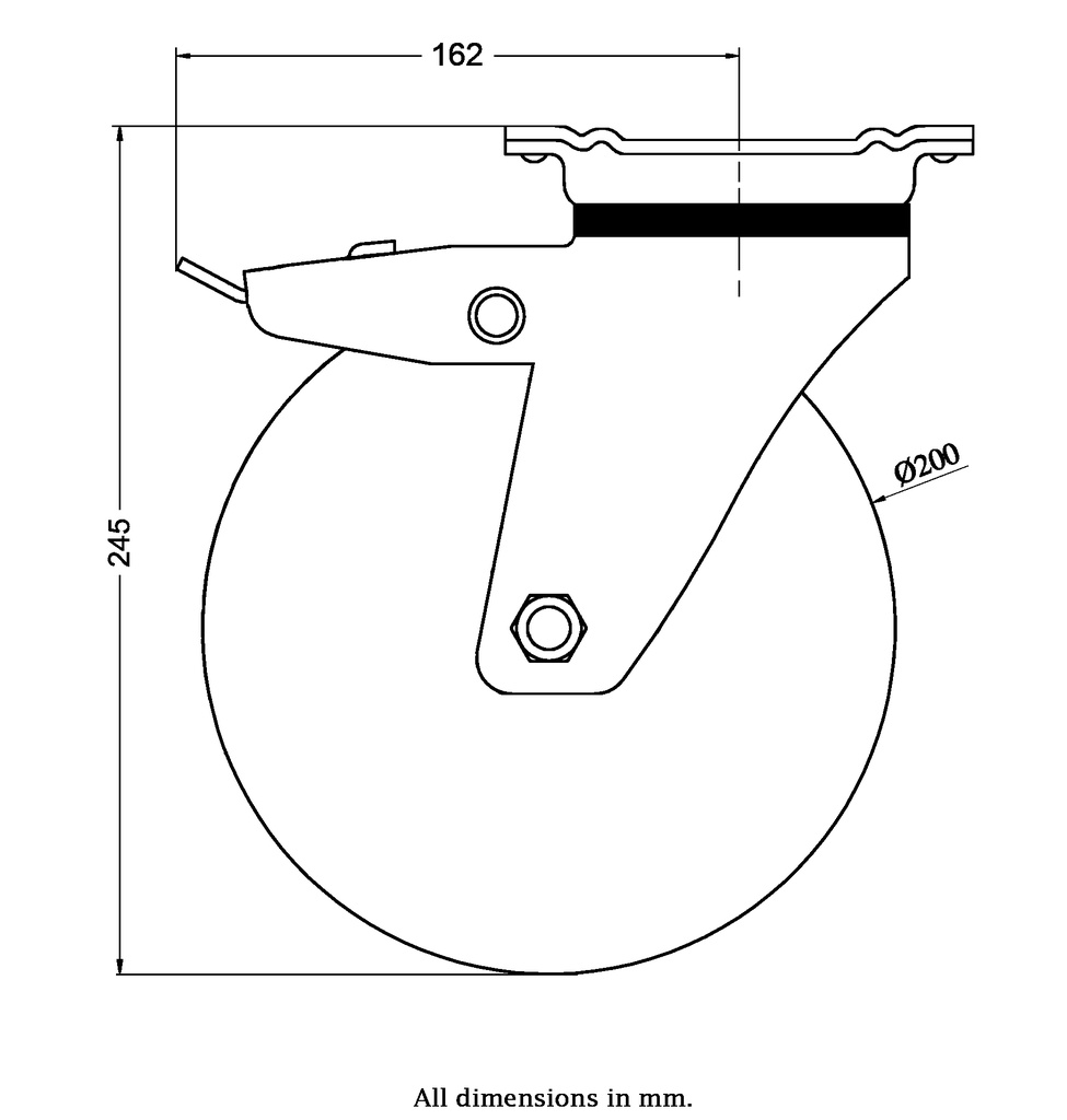 800 series 200mm swivel/brake top plate 135x110mm castor with electrically conductive grey polyurethane on nylon centre ball bearing wheel 520kg - Castor drawing