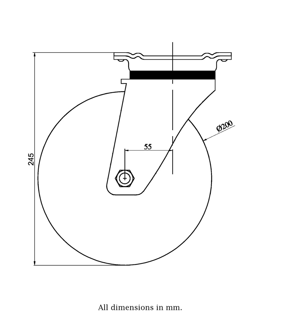 800 series 200mm swivel top plate 135x110mm castor with cast iron roller bearing wheel 800kg - Castor drawing