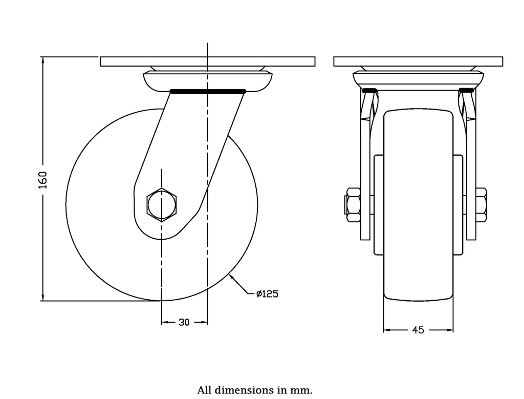 500 series 125mm swivel top plate 140x110mm castor with polyurethane on nylon centre ball bearing wheel 500kg - Castor drawing