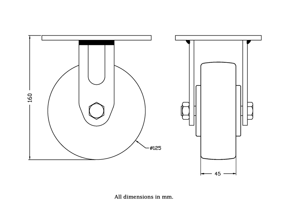 500 series 125mm fixed top plate 140x110mm castor with polyurethane on nylon centre ball bearing wheel 500kg - Castor drawing