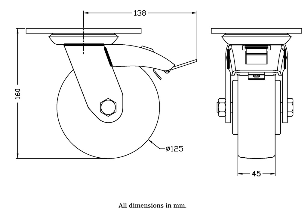 500 series 125mm swivel/brake top plate 140x110mm castor with polyurethane on nylon centre ball bearing wheel 500kg - Castor drawing