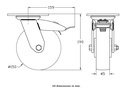 500 series 150mm swivel/brake top plate 140x110mm castor with polyurethane on nylon centre ball bearing wheel 500kg - Castor drawing