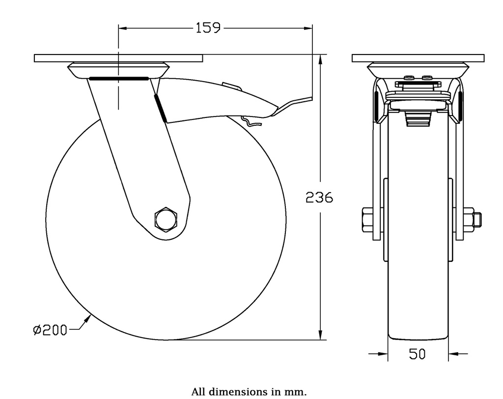 500 series 200mm swivel/brake top plate 140x110mm castor with polyurethane on nylon centre ball bearing wheel 500kg - Castor drawing